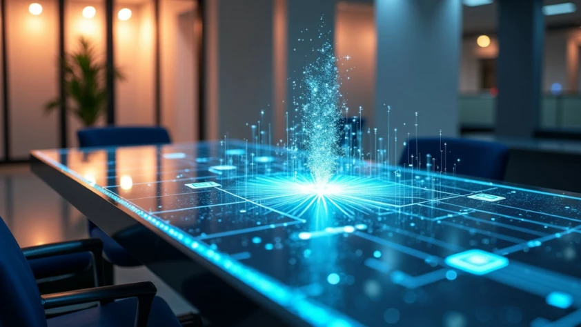 Photorealistic soft-lit modern corporate office space featuring an elegant glass desk with holographic interface and glowing data streams connected to an AI hub.