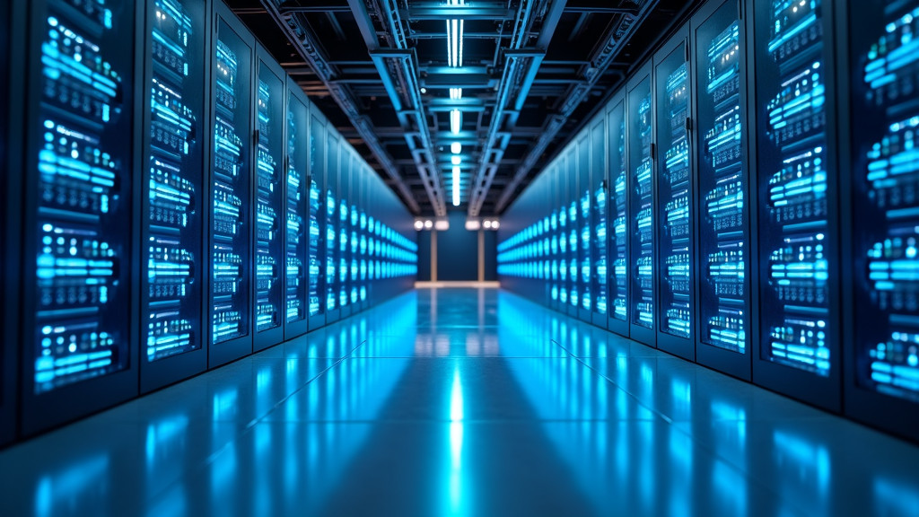 A polished, modern data center interior with glowing blue server racks and robotic arms managing cables.