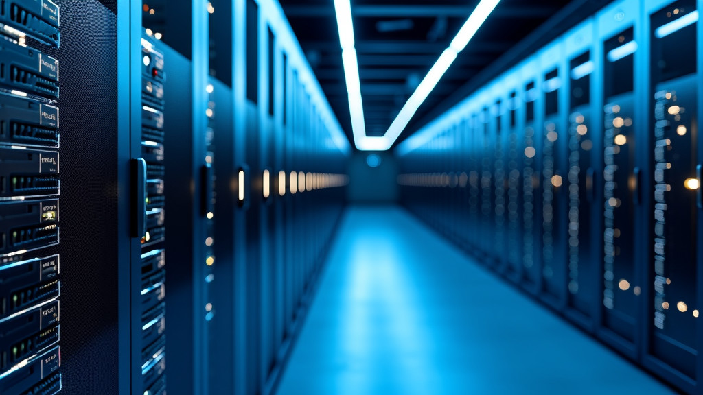 A modern minimalist data center with sleek server racks in blue lighting and organized network cables.