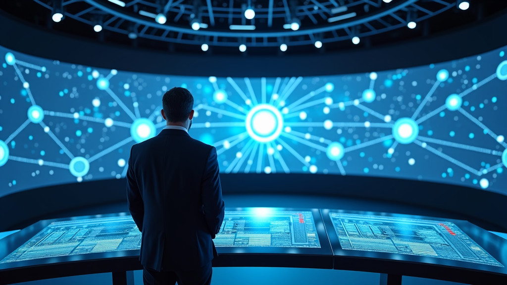 A professional developer at a sleek workstation in a modern data center control room with holographic displays.