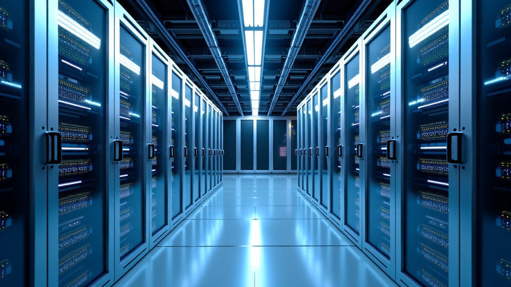 A photorealistic data center interior with server racks and ambient lighting.