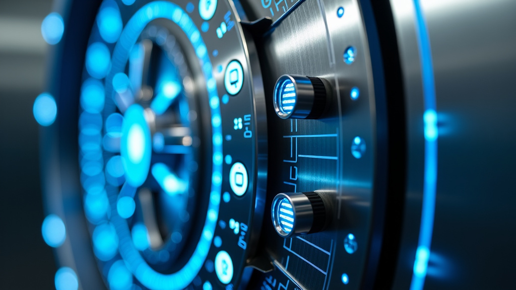 A close-up of a modern digital security vault door showcasing glowing blue circuit patterns and biometric scanners.