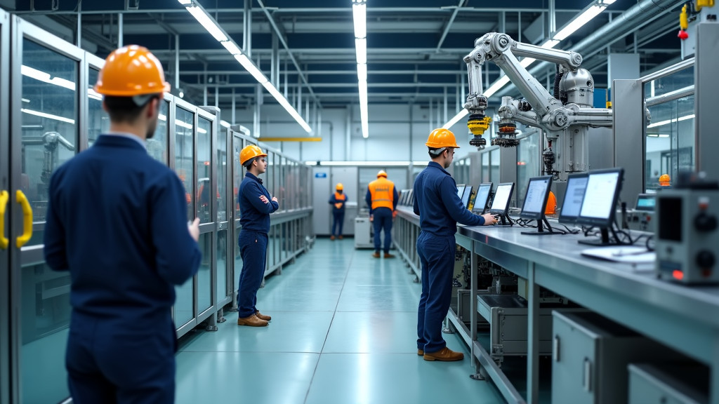 A modern factory floor with robotic arms and human workers in safety gear