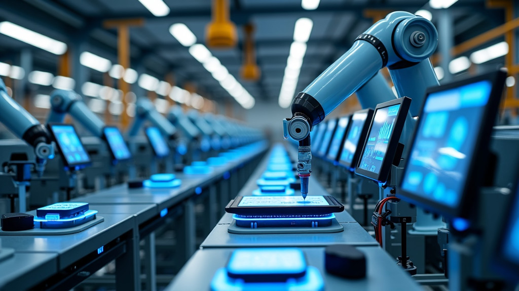 A high-tech factory interior with robotic arms and blue IoT sensors, illustrating advanced manufacturing technology.