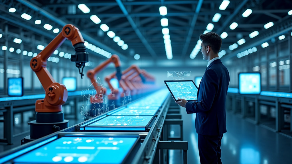 A modern factory interior showcasing robotic arms and conveyor belts with blue lighting and a human operator.