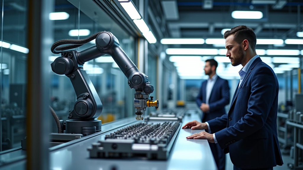 A modern factory floor with a robotic arm assembling products and a worker observing.