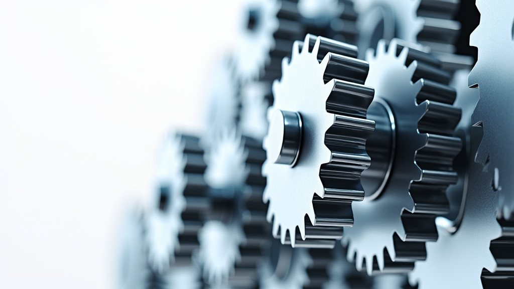 A close-up of a modern circular gear mechanism in motion with pristine metallic gears interlocking.