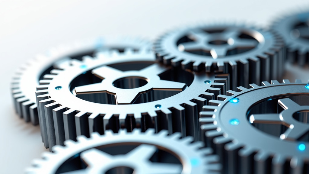 A photorealistic closeup of a sleek, modern circular gear system in perpetual motion, showcasing interconnected gears made of polished steel and titanium against a white background.