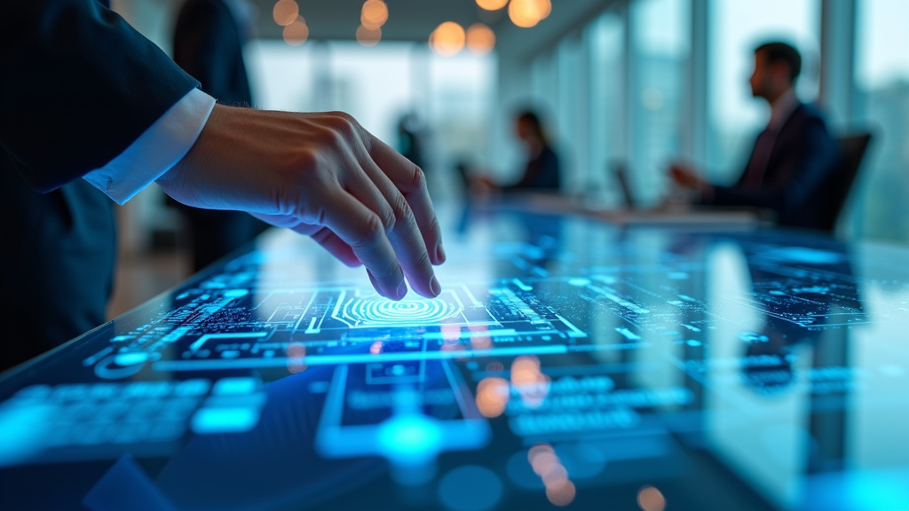 A professional close-up shot of a modern glass office desk with holographic displays and a human hand reaching towards them.