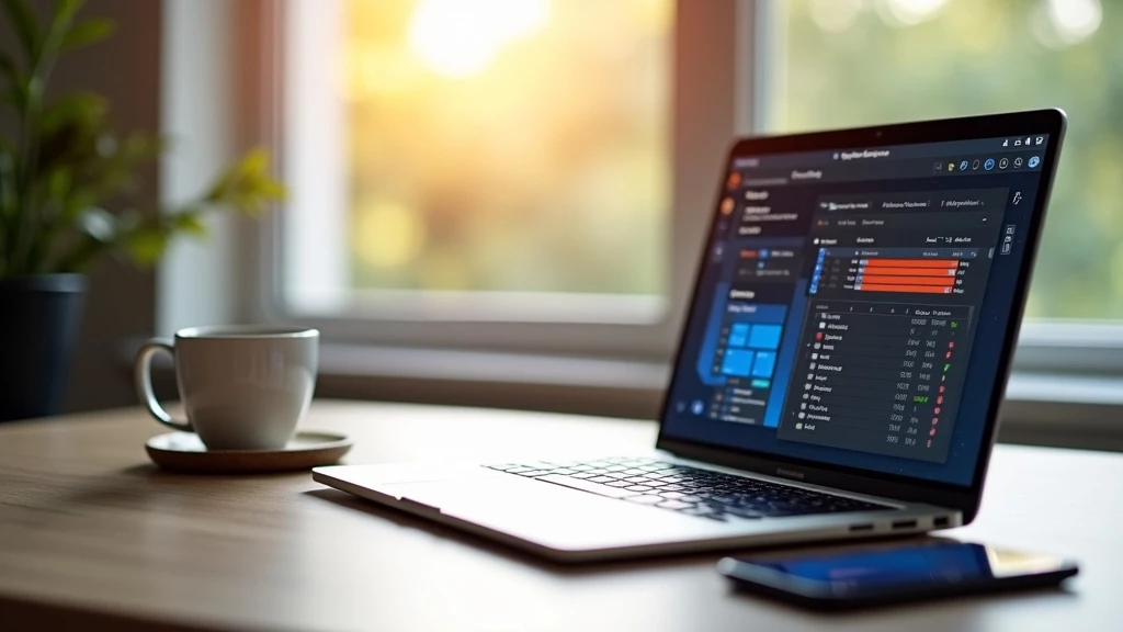 A modern, minimalist home office desk setup with a sleek laptop, a cup of coffee, and a smartphone in soft natural lighting.