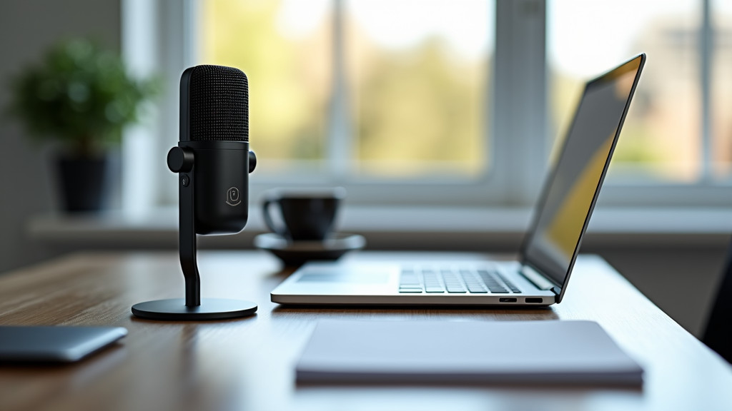 A professional and airy modern home office setup with a sleek microphone and laptop.