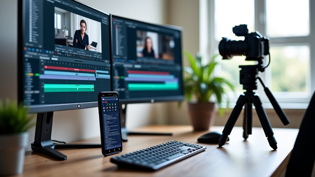 A sleek modern home office with two monitors, a camera on tripod, and a smartphone visible.