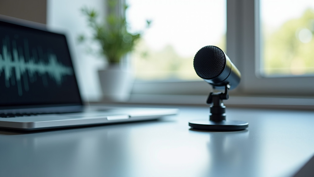 A professional photo of a modern home office workspace with a sleek microphone and laptop.