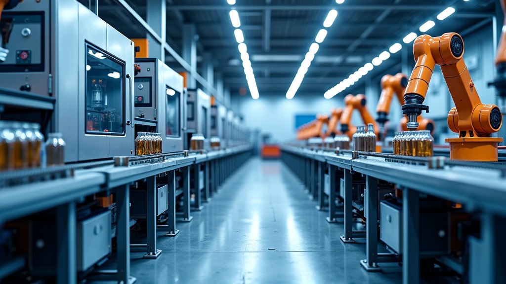 A modern industrial manufacturing scene with three automation systems: a bottling line, a CNC machine, and a robotic arm assembly line.