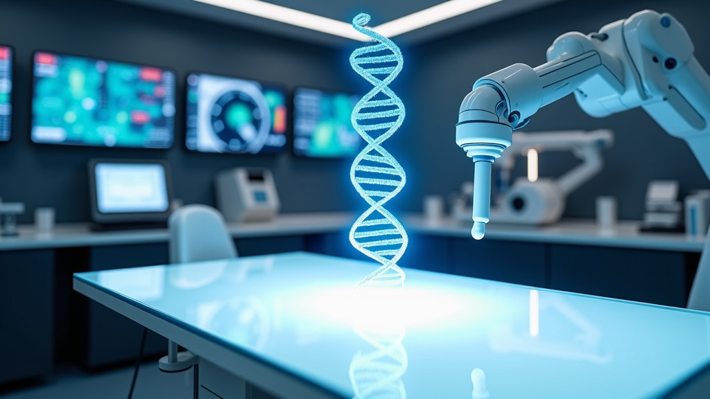 A photorealistic close-up of a laboratory with a DNA double helix hologram above a medical examination table.