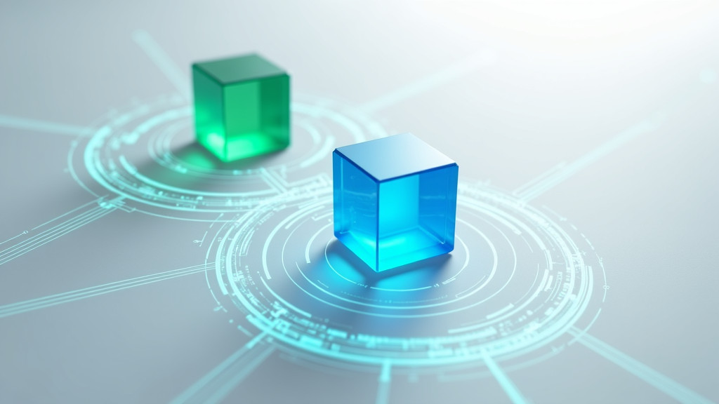 Two interconnected digital cubes, one glowing blue and one glowing green, connected by light streams in a clean white space.