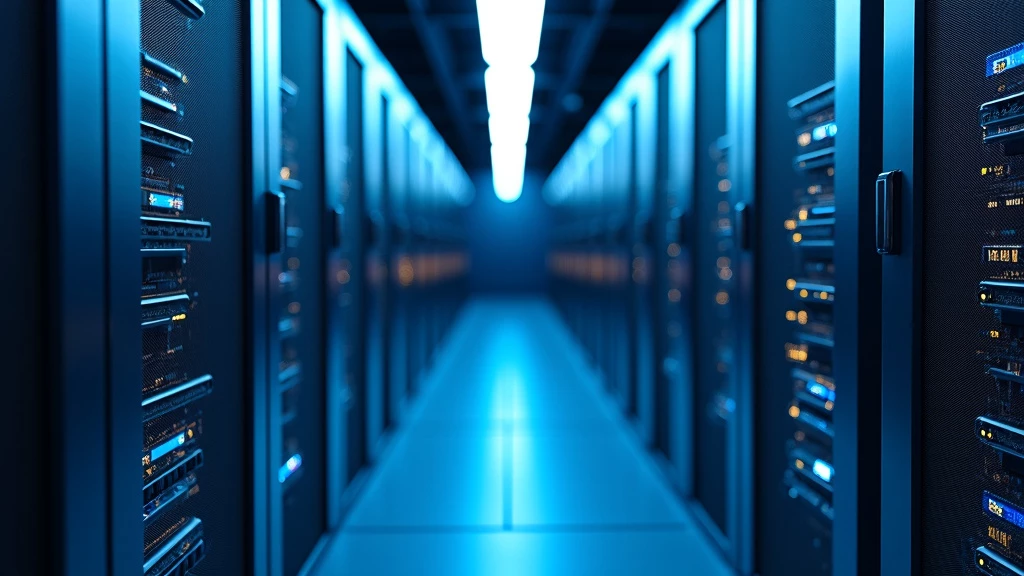 A modern minimalist data center with sleek server racks and cool blue ambient lighting.