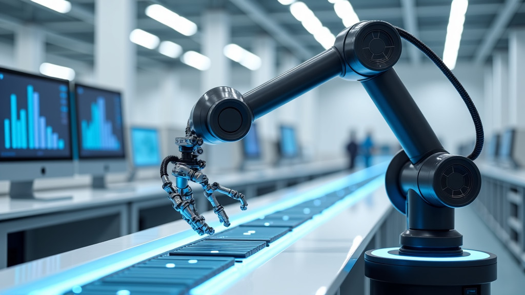 A modern, minimalist scene inside a high-tech manufacturing facility showcasing a robotic arm conducting quality control inspection.