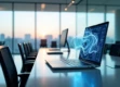 A modern, minimalist office space with natural light and holographic interface above a sleek desk setup.