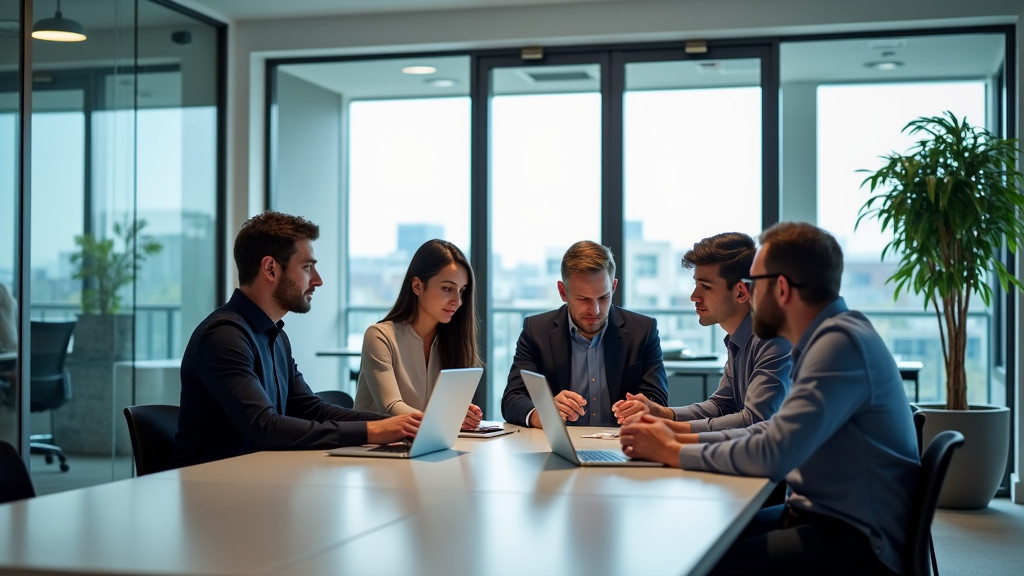 A modern, minimalist office space with diverse professionals collaborating around a digital workspace with a holographic interface.