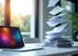 A modern minimalist office desk with a sleek laptop and organized digital files.