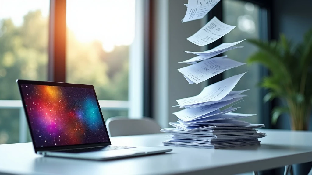A modern minimalist office desk with a sleek laptop and organized digital files.