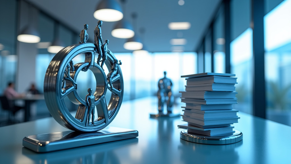 A modern office setting featuring three circular holograms above a desk, representing business process management.