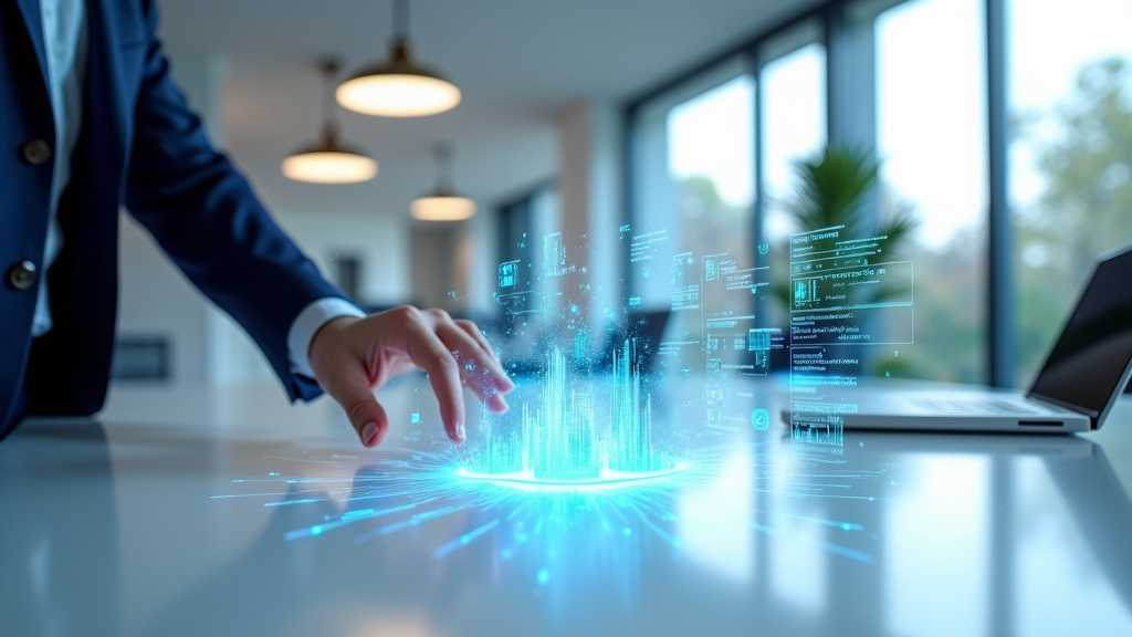 Modern Office with Holographic Data Visualization A modern office with holographic data visualizations and a professional's hand interacting with the display.