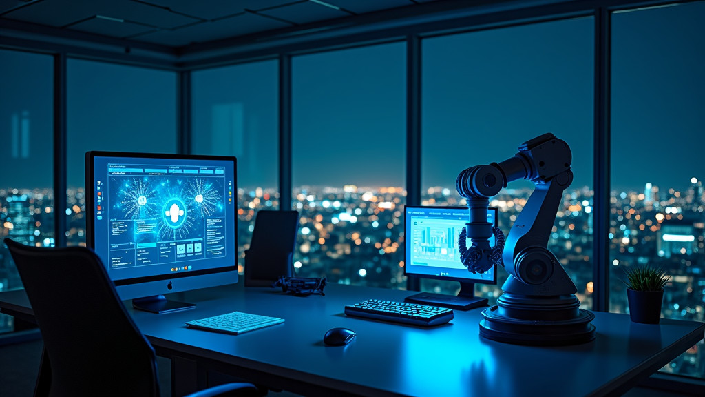 A modern, minimalist office space at night with blue computer screen glow and cityscape view.