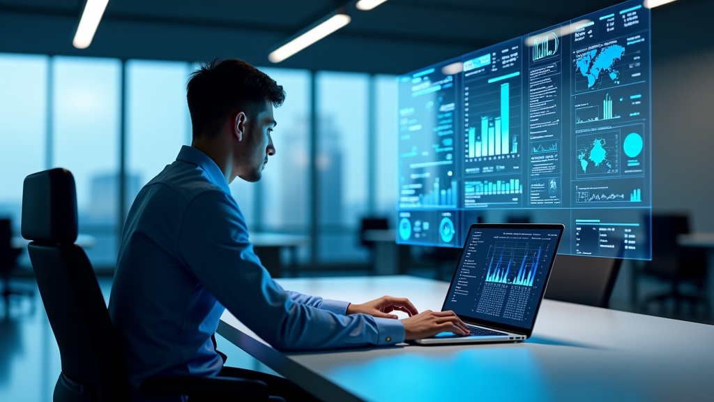 A modern, minimalist photorealistic scene of a person working at a sleek desk with multiple floating holographic data visualizations and spreadsheet interfaces.