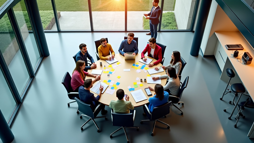 High angle view of a modern office space with diverse teams collaborating at a glass-walled meeting area.