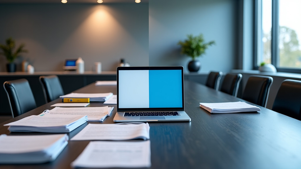 A modern office setting with a chaotic desk on one side and an organized, clean workspace on the other side.