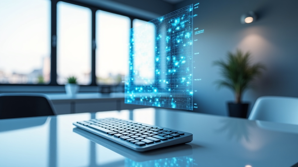 A side-angle view of a modern, minimalist office workspace featuring a holographic display of glowing nodes and data streams, with natural light streaming through large windows.