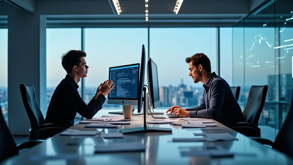 A split-screen visual of a stressed person entering data with scattered papers and a relaxed professional working with holographic workflows in a modern office.