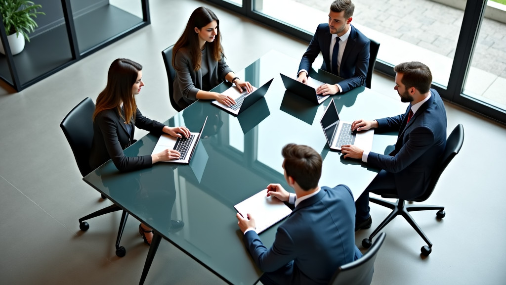 A modern, minimalist office workspace with a team collaborating around a sleek glass table, viewed from above, featuring holographic project timelines and workflow diagrams.