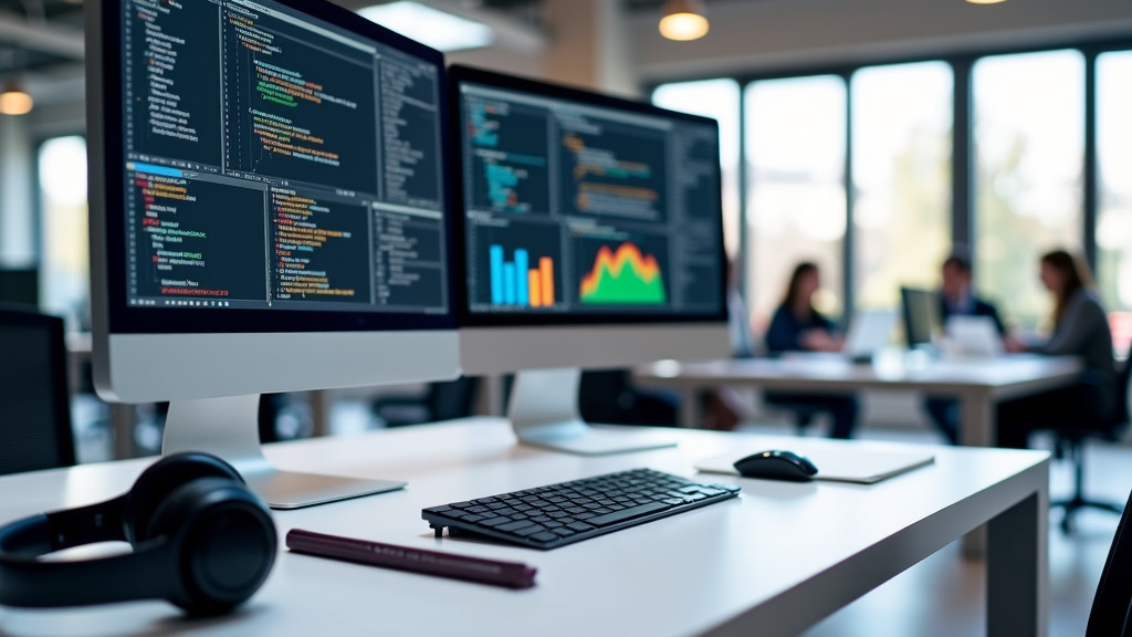 A modern, minimalist office workspace with a sleek computer setup featuring multiple monitors and a clean desk.