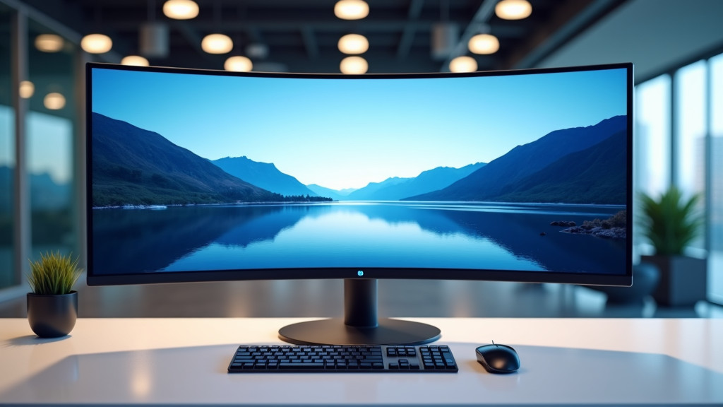 A sleek curved ultrawide monitor on a clean white desk, showcasing abstract diagrams in blue tones.