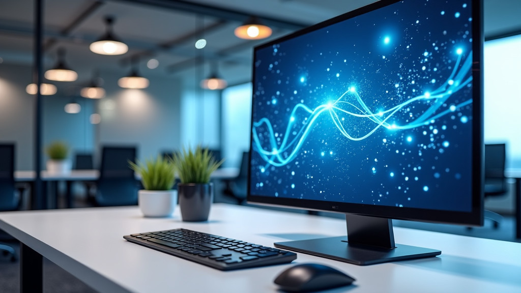 A modern office workspace with a floating digital display showing blue geometric patterns.