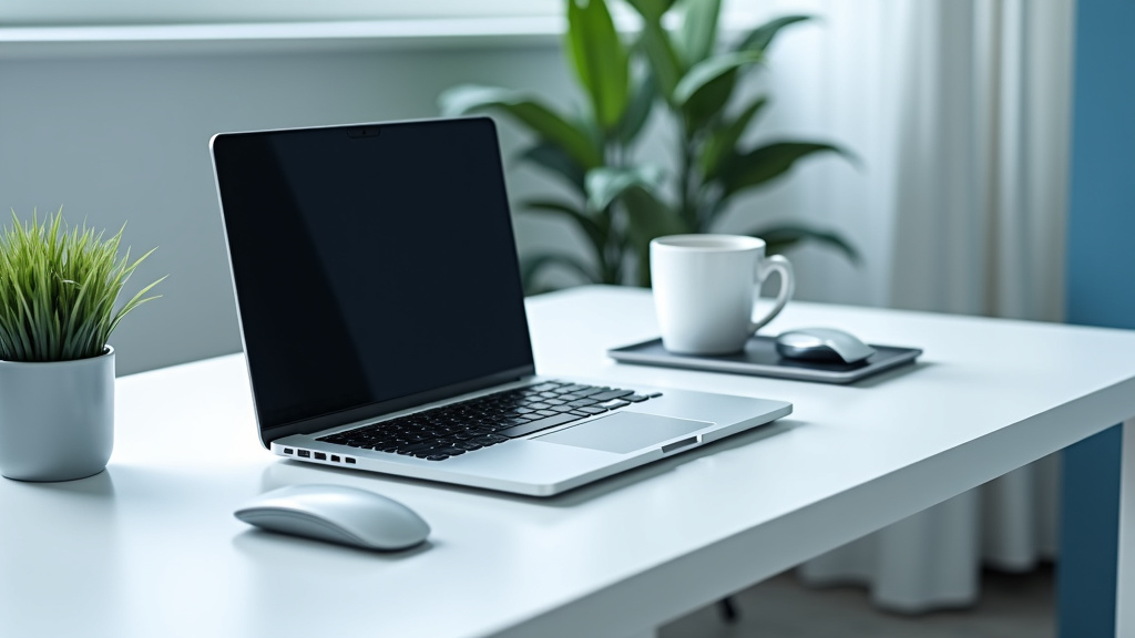 A modern, minimalist office workspace featuring a laptop with a digital diagram and soft lighting.