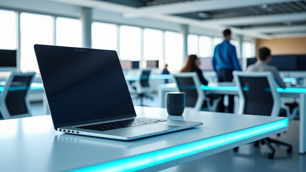 A modern, minimalist office workspace with a laptop displaying workflow diagrams