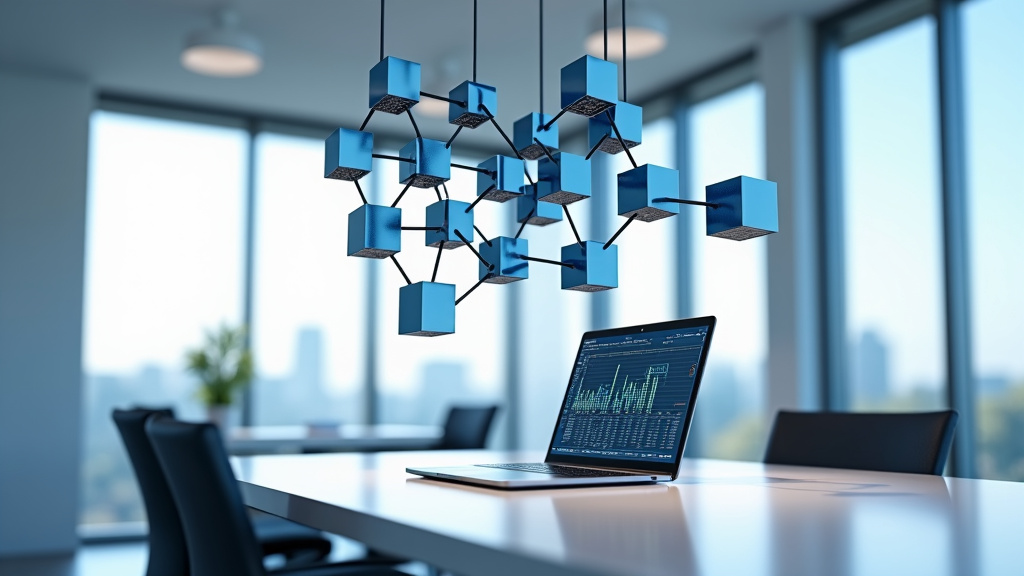 A modern, minimalist office workspace with floating 3D cubes and a laptop.