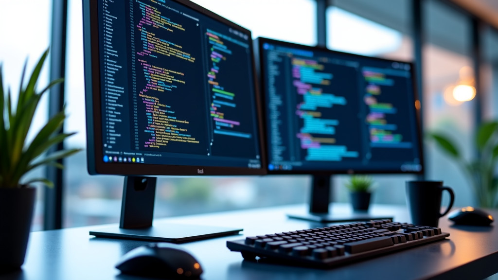 A modern office workspace with dual monitors displaying code interfaces, a glowing keyboard, and a coffee mug