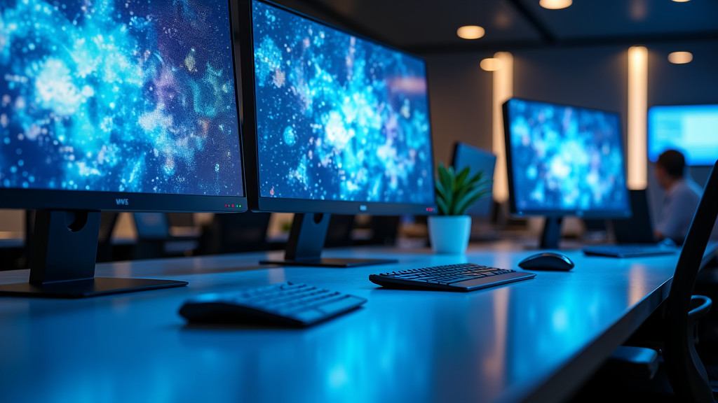 A modern, minimalist office workspace with a sleek computer display showing colorful workflow diagrams and polished desk surface.