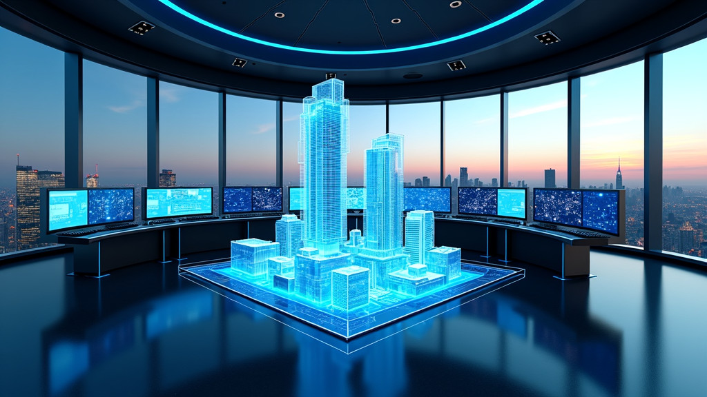 A modern control room with digital displays and a holographic model in a cityscape at dusk.