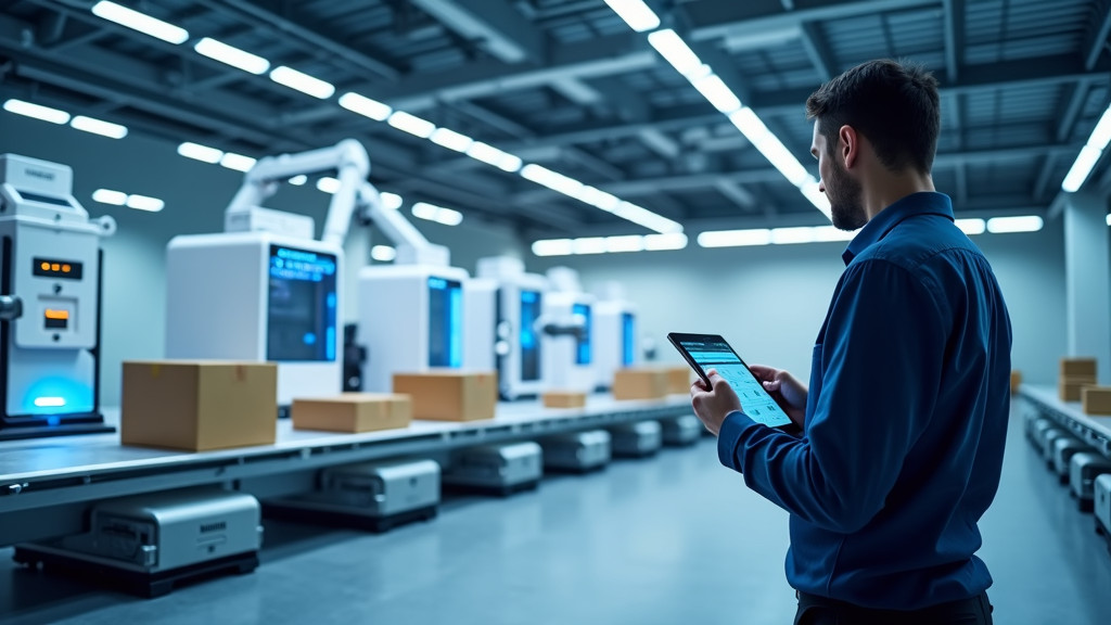 Photorealistic wide shot of a modern warehouse interior with robotic arms and a human worker using a tablet.