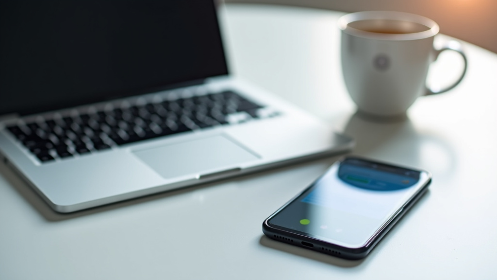 A sleek laptop on a clean white desk with a coffee cup and a blurred smartphone in soft natural lighting.