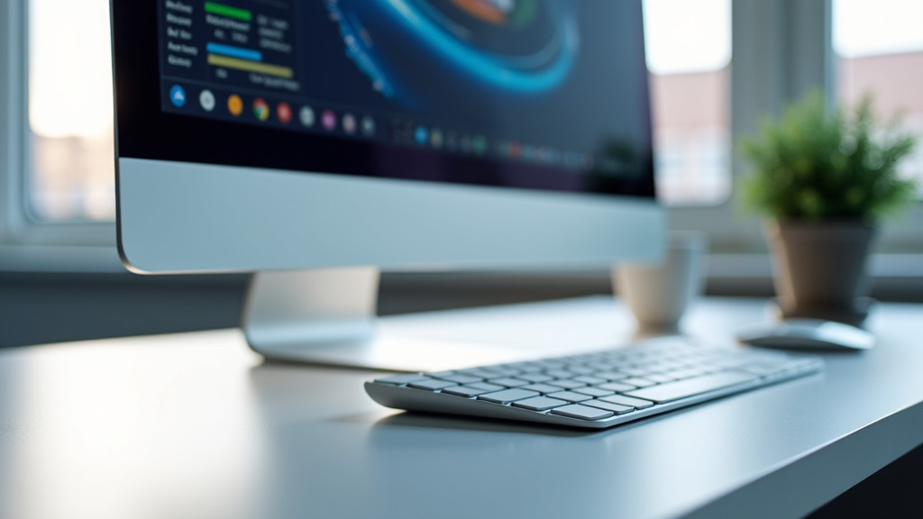 A modern minimalist workstation with a large curved monitor and wireless mouse on a white desk