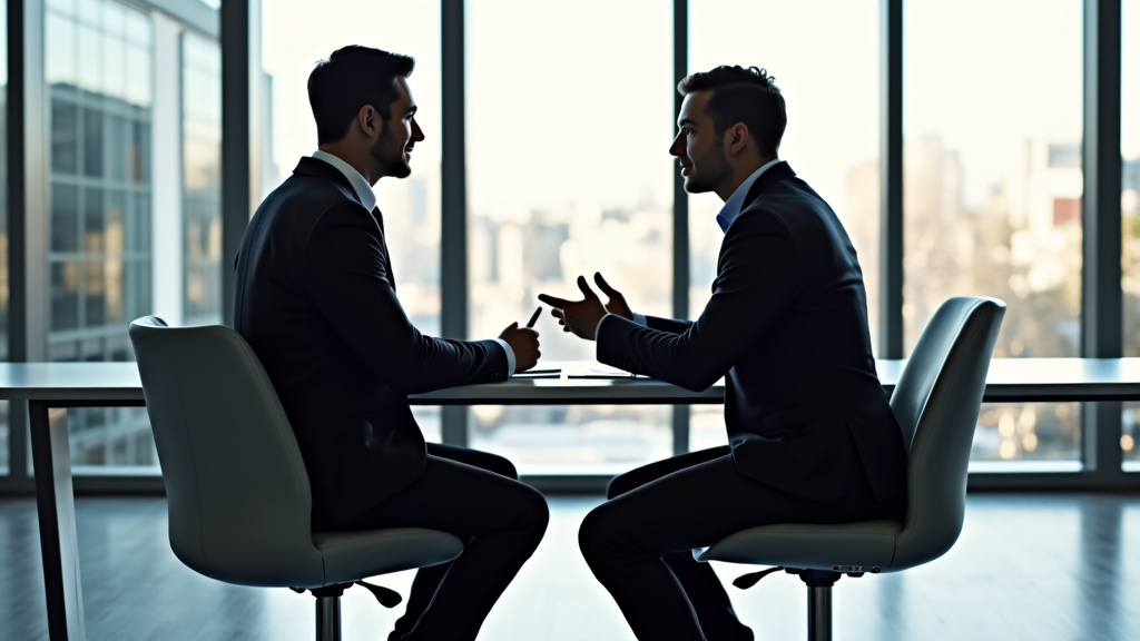 Two business professionals reviewing holographic data in a modern office setting.