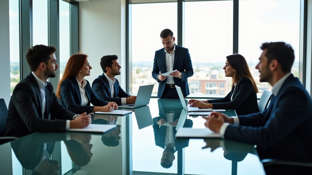 A diverse group of professionals collaborating in a modern office setting.