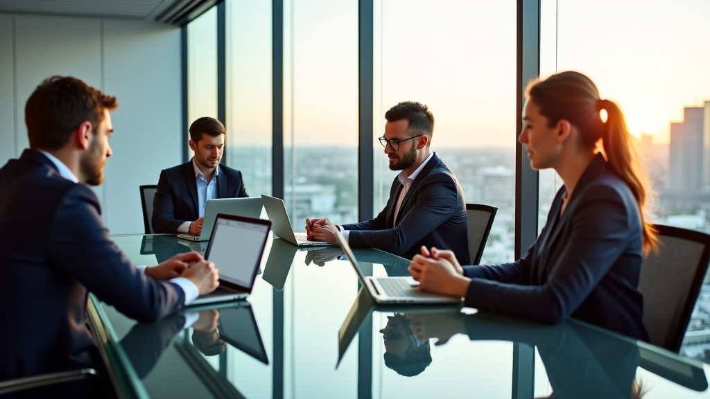 Three professionals collaborating around a glass conference table with laptops and tablets in a modern office setting with a cityscape view.